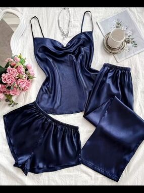 Lux Satin 3-Piece Pajama Set - Navy Cami, Shorts & Pants